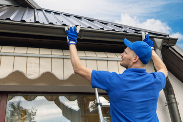 Worker installing new home roof rain gutter system