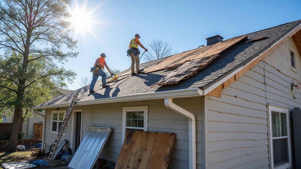 roofers replace gutters during roof replacement